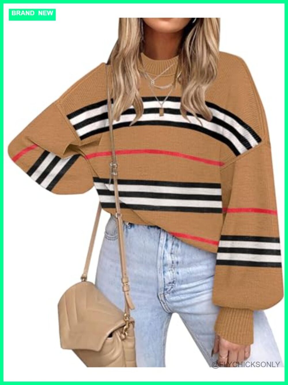Womens Oversized Striped Knit Pullover Sweater Long Sleeve Crewneck